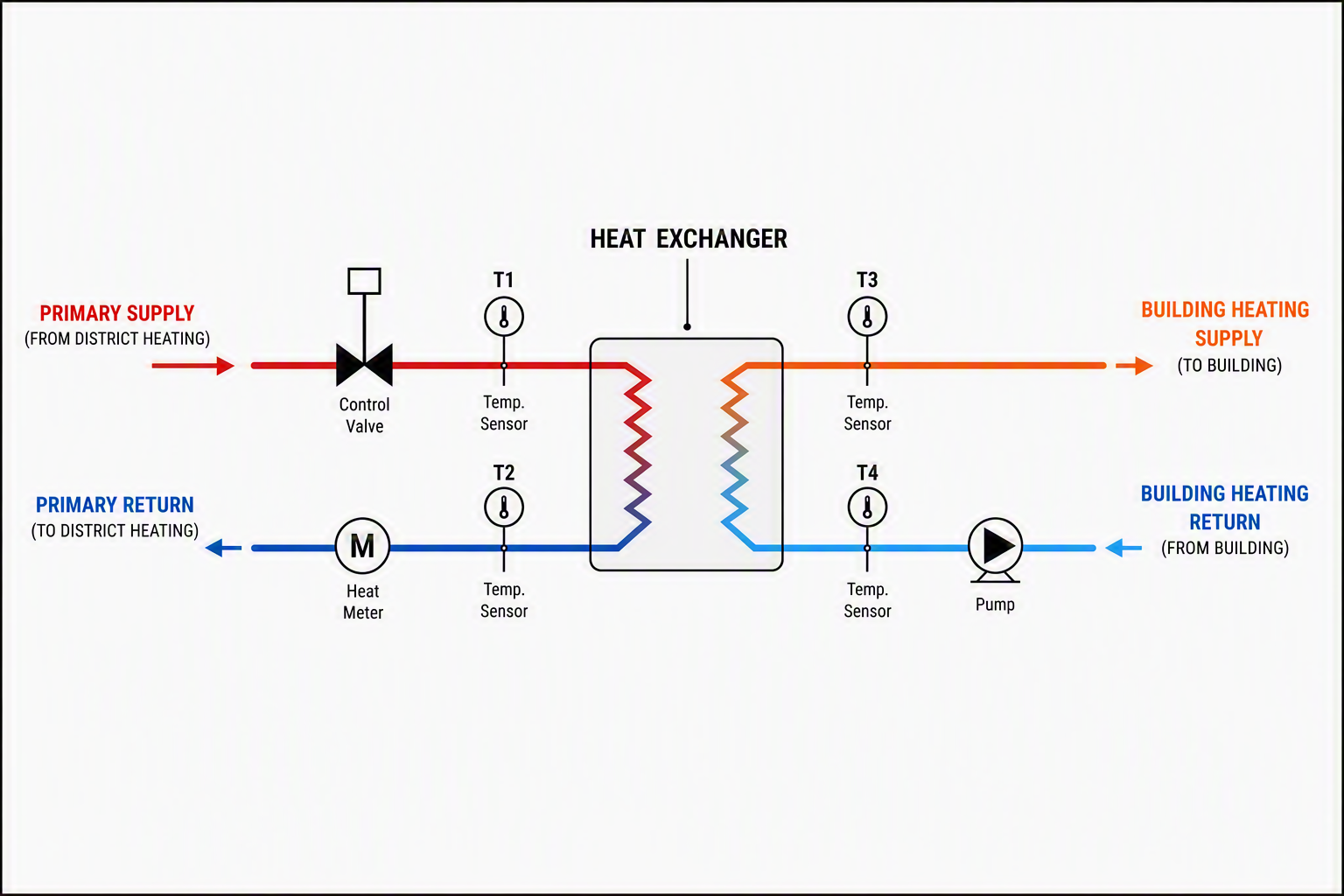 How an indirect substation works Primary side — district network. Secondary side — building system — figure from the unit presentation